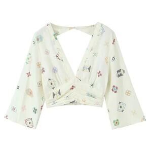 Zara White Embroidered V Neck Open Back Crop Top Size Small